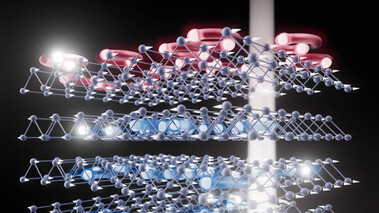 3D-Visualisierung von Schichten mit Exzitonen, Teilchen und Lichtstrahlen auf schwarzem Hintergrund.